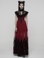 Red and Black Gothic Flocking Mesh Spliced Flutter Sleeve Long Party Dress