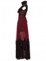 Red and Black Gothic Flocking Mesh Spliced Flutter Sleeve Long Party Dress