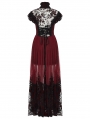 Red and Black Gothic Flocking Mesh Spliced Flutter Sleeve Long Party Dress