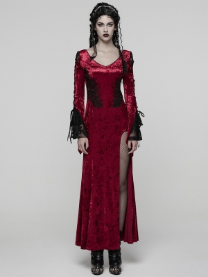Red Gorgeous Gothic Velvet High Slit Fishtail Dress