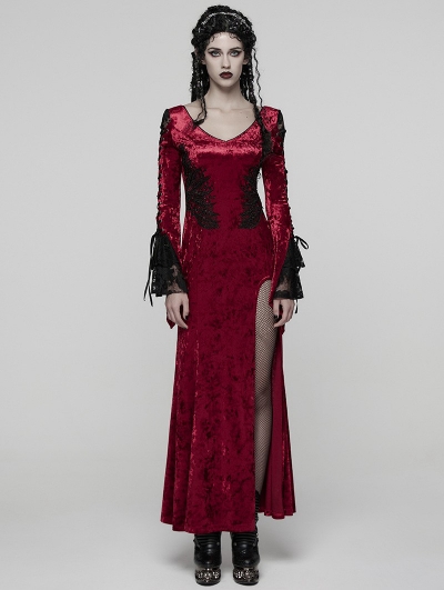 Red Gorgeous Gothic Velvet High Slit Fishtail Dress
