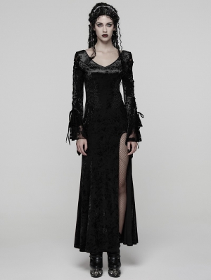 Black Gorgeous Gothic Velvet High Slit Fishtail Dress