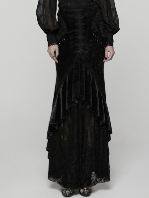 Black Gothic Gorgeous Velvet Beaded Tassel Fishtail Maxi Skirt