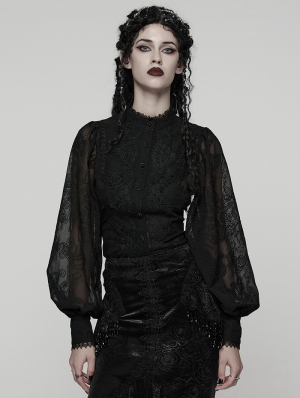 Black Retro Gothic Lace Embroidered Chiffon Shirt for Women