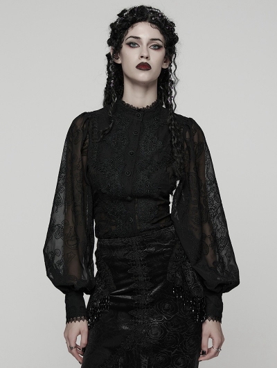 Black Retro Gothic Lace Embroidered Chiffon Shirt for Women