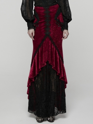 Red and Black Gothic Gorgeous Velvet Beaded Tassel Fishtail Maxi Skirt