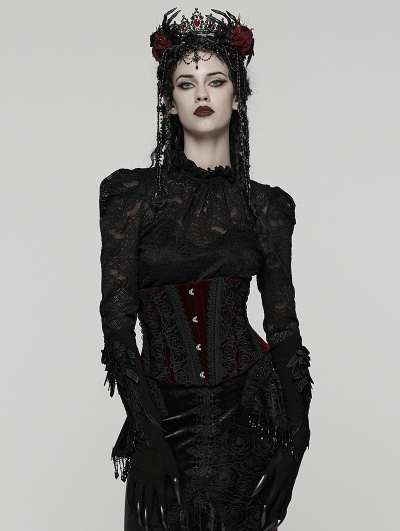Black and Red Gothic Rose Lace Applique Velvet Corset Waistband
