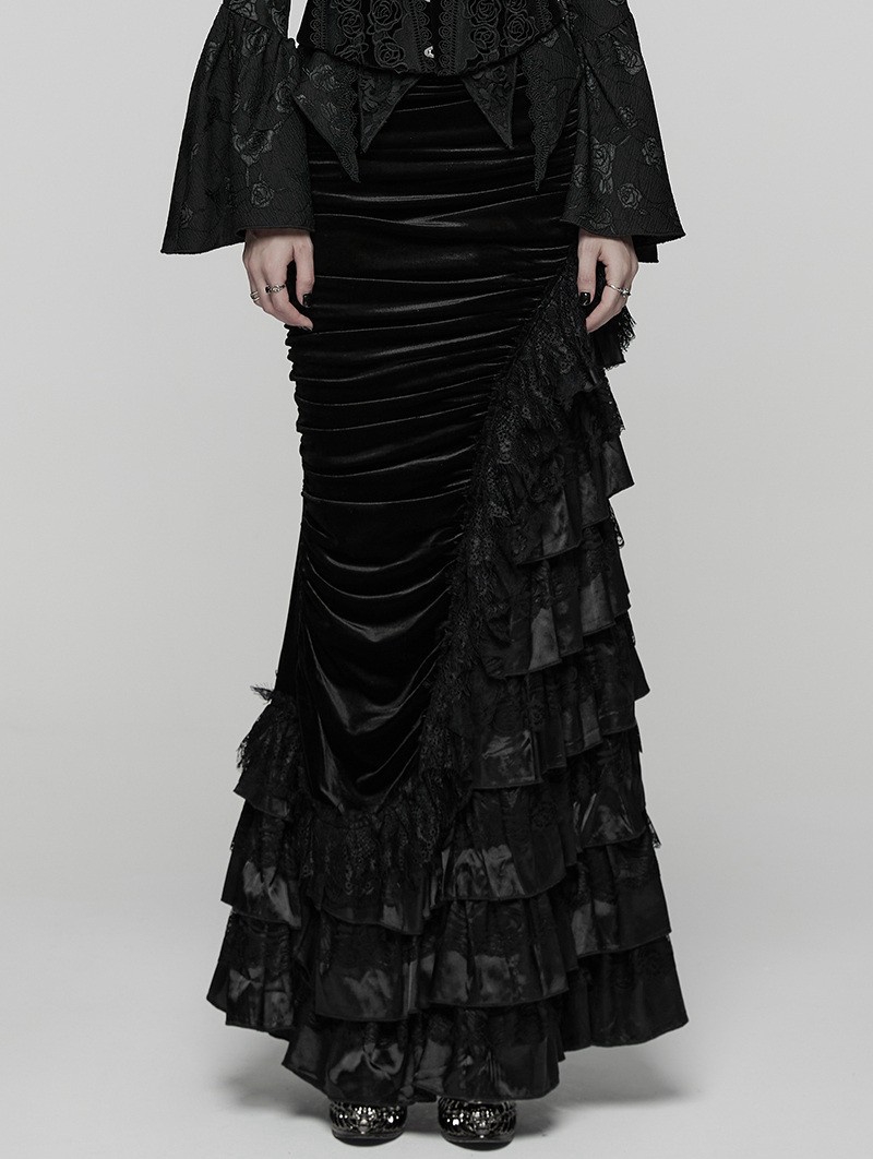 Black Gothic Victorian Gorgeous Velvet Tiered Maxi Skirt