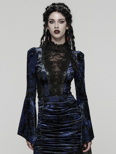 Black and Blue Sexy Gothic Gorgeous Velvet Lace Shirt for Women