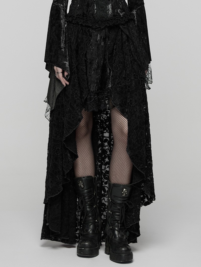 Black Gothic Spider Web Mesh Lace High-Low Skirt