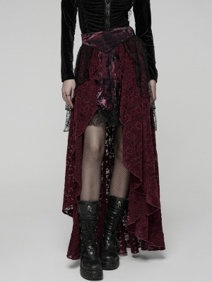 Red and Black Gothic Spider Web Mesh Lace High-Low Skirt