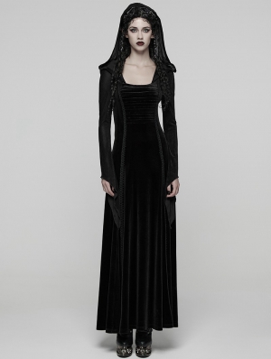 Black Gothic Hooded Ruched Velvet Long Dress