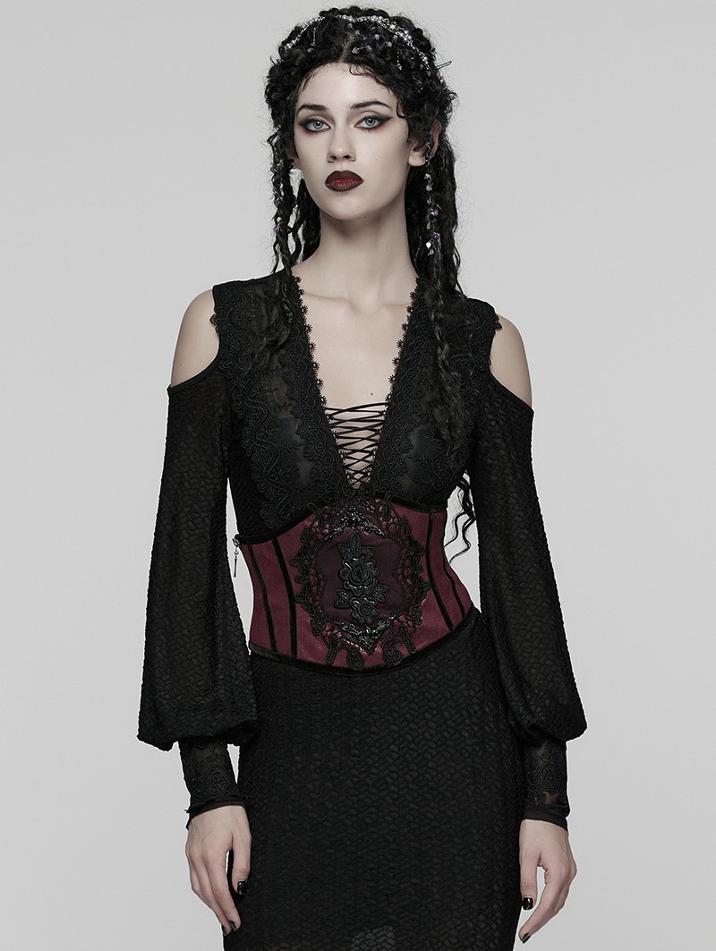 Red and Black Gothic Gorgeous Embossed Leather Waistband