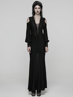 Black Elegant Gothic Sheer Mesh Plunging V-Neck Maxi Dress