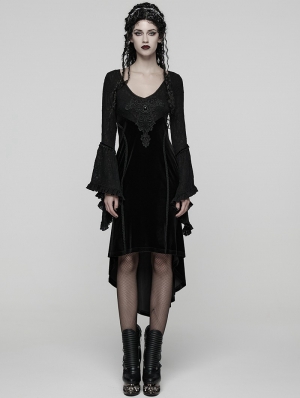 Black Gothic Velvet Ruffled Long Sleeve High-Low Dress