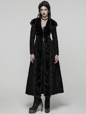 Black Retro Gothic Plush Trim Jacquard Long Winter Coat for Women