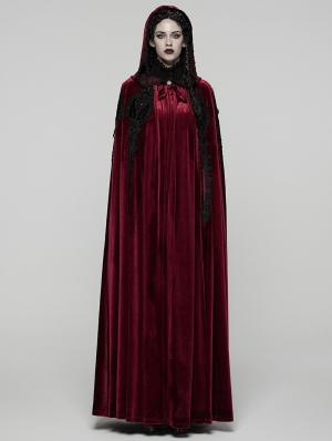Red Gothic Embroidered Velvet Hooded Long Cloak for Women