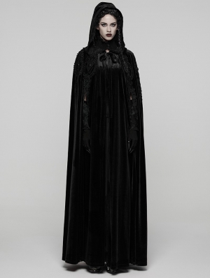 Black Gothic Embroidered Velvet Hooded Long Cloak for Women