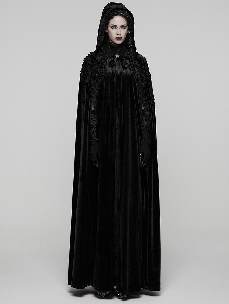 Black Gothic Embroidered Velvet Hooded Long Cloak for Women
