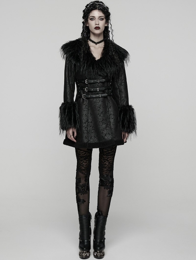 Black Gothic Plush Collar Warm Winter Jacquard Coat for Women