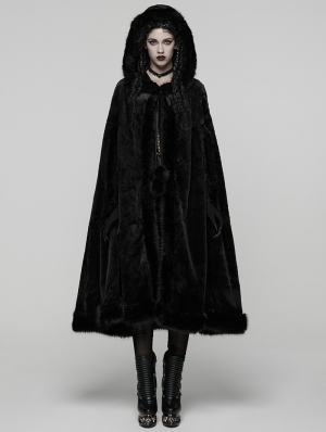 Black Gothic Mid-Length Hooded Fur Warm Winter Cloak for Women