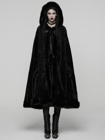 Black Gothic Mid-Length Hooded Fur Warm Winter Cloak for Women