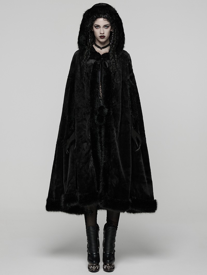 Black Gothic Mid-Length Hooded Fur Warm Winter Cloak for Women
