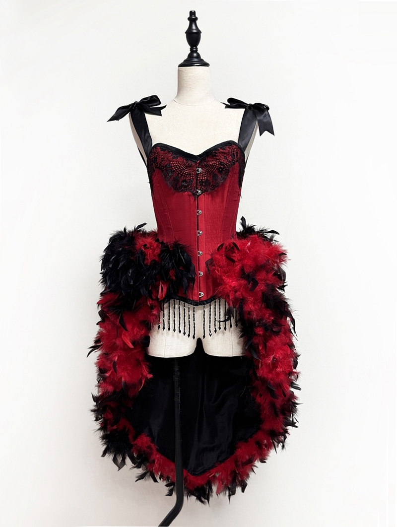 Black and Red Gothic Feather Burlesque Corset Short Prom Party Dress