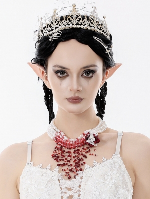 White Gothic Layered Blood Red Pearl Floral Necklace