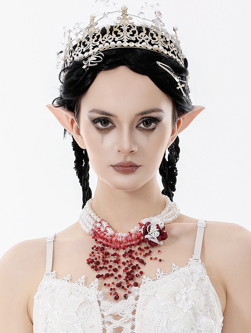 White Gothic Layered Blood Red Pearl Floral Necklace