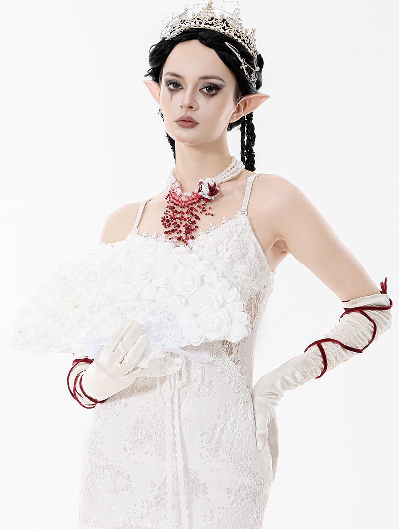 White Gothic Rose Pearl Embellished Lace Fan