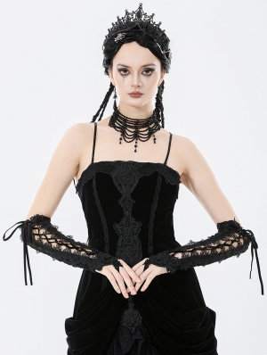 Black Gothic Embroidered Lace Long Gloves
