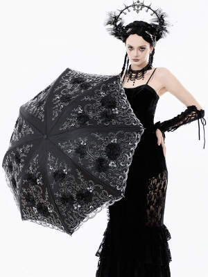 Black Gothic Lolita Elegant Embroidered Lace Umbrella