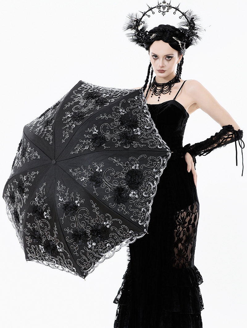 Black Gothic Lolita Elegant Embroidered Lace Umbrella
