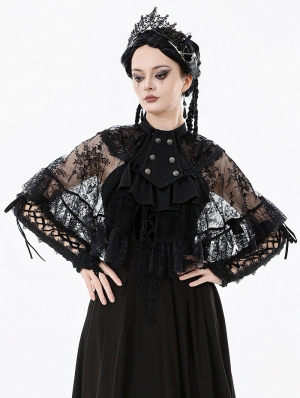Black Gothic Embroidered Lace Overlay Short Cape for Women