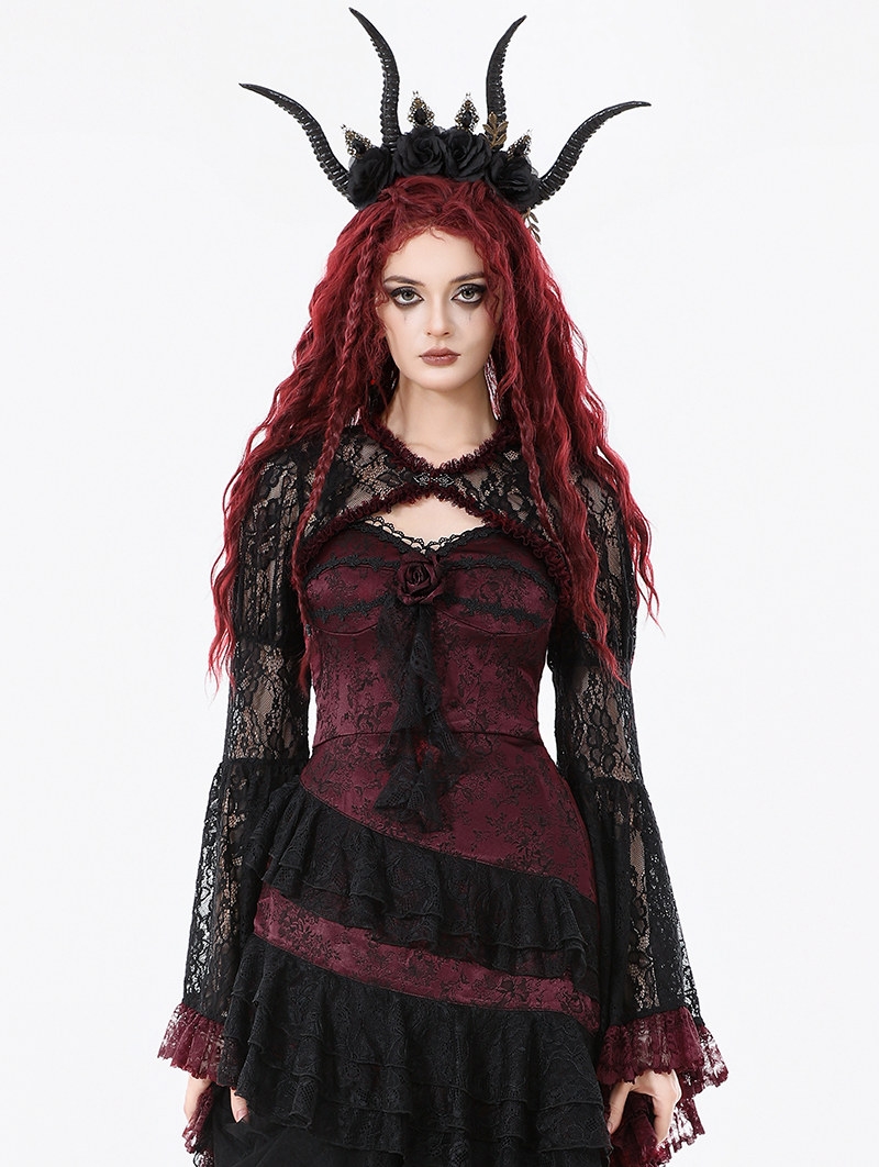 Black and Red Retro Gothic Baroque Lace Cape for Women
