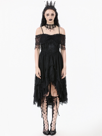 Black Gothic Lace Tassel Off-Shoulder High-Low Party Dress