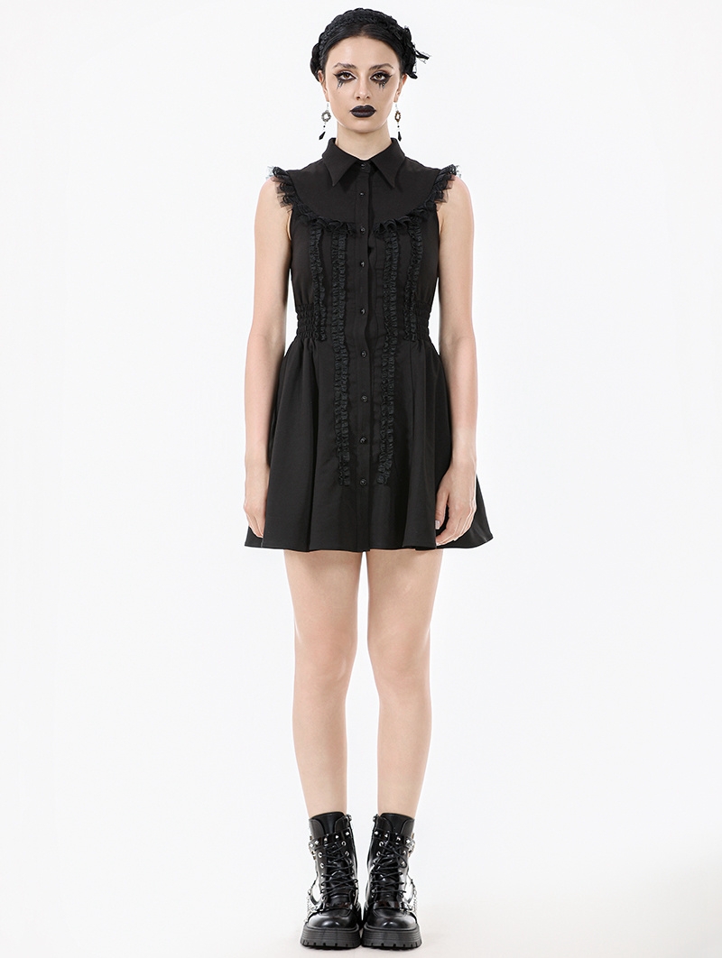 Black Gothic Dolly Sleeveless Button-Front Mini Dress