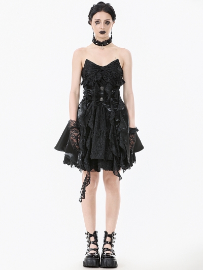 Black Gothic Ruffled Lace Fringe Sweetheart Cat Ear Short Dress