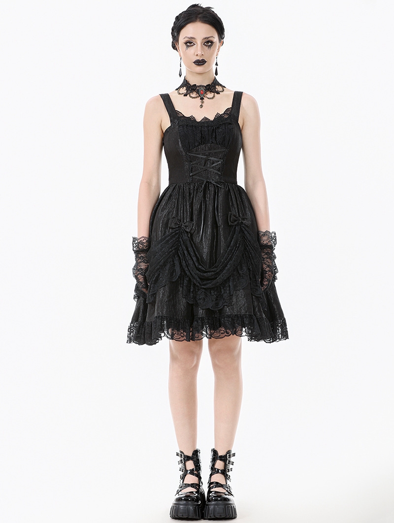 Black Gothic Lolita Priness Lace Strap Short Dress