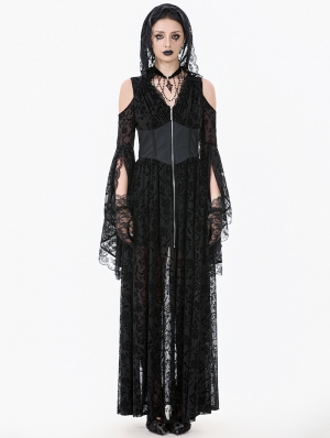 Black Gothic Hooded Cold Shoulder Long Gown