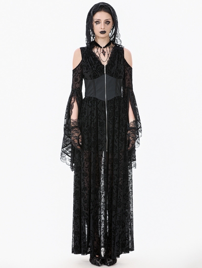 Black Gothic Hooded Cold Shoulder Long Gown