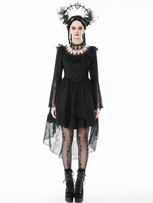 Black Gothic Ruffle Lace Bell Sleeve High-Low Dress