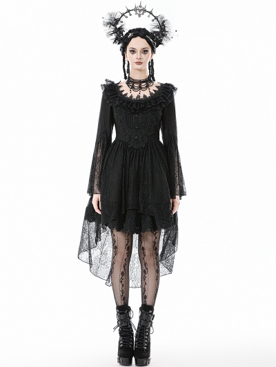 Black Gothic Ruffle Lace Bell Sleeve High-Low Dress