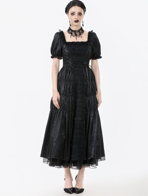 Black Retro Gothic Frill Puff Sleeve Long Dress