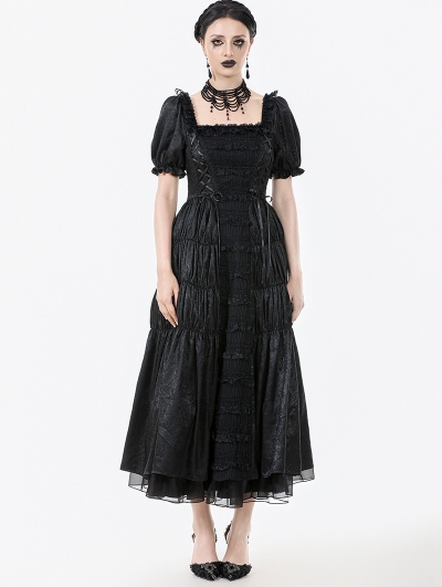 Black Retro Gothic Frill Puff Sleeve Long Dress