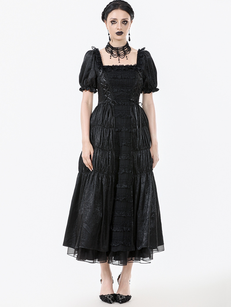 Black Retro Gothic Frill Puff Sleeve Long Dress