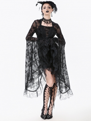 Black Gothic Floral Lace Mesh Bell Sleeve Short Dress
