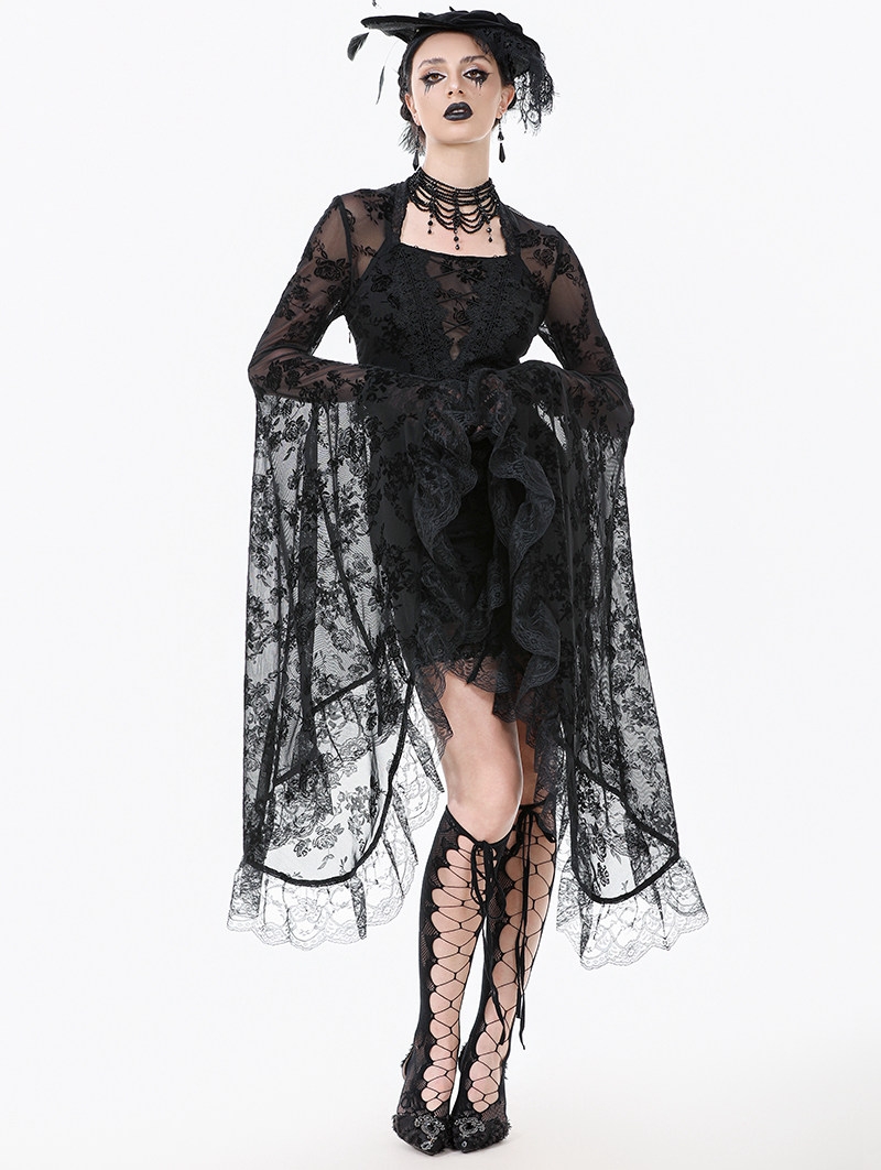 Black Gothic Floral Lace Mesh Bell Sleeve Short Dress