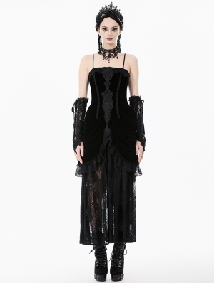 Black Gothic Embroidered Lace Velvet Bustier Long Dress